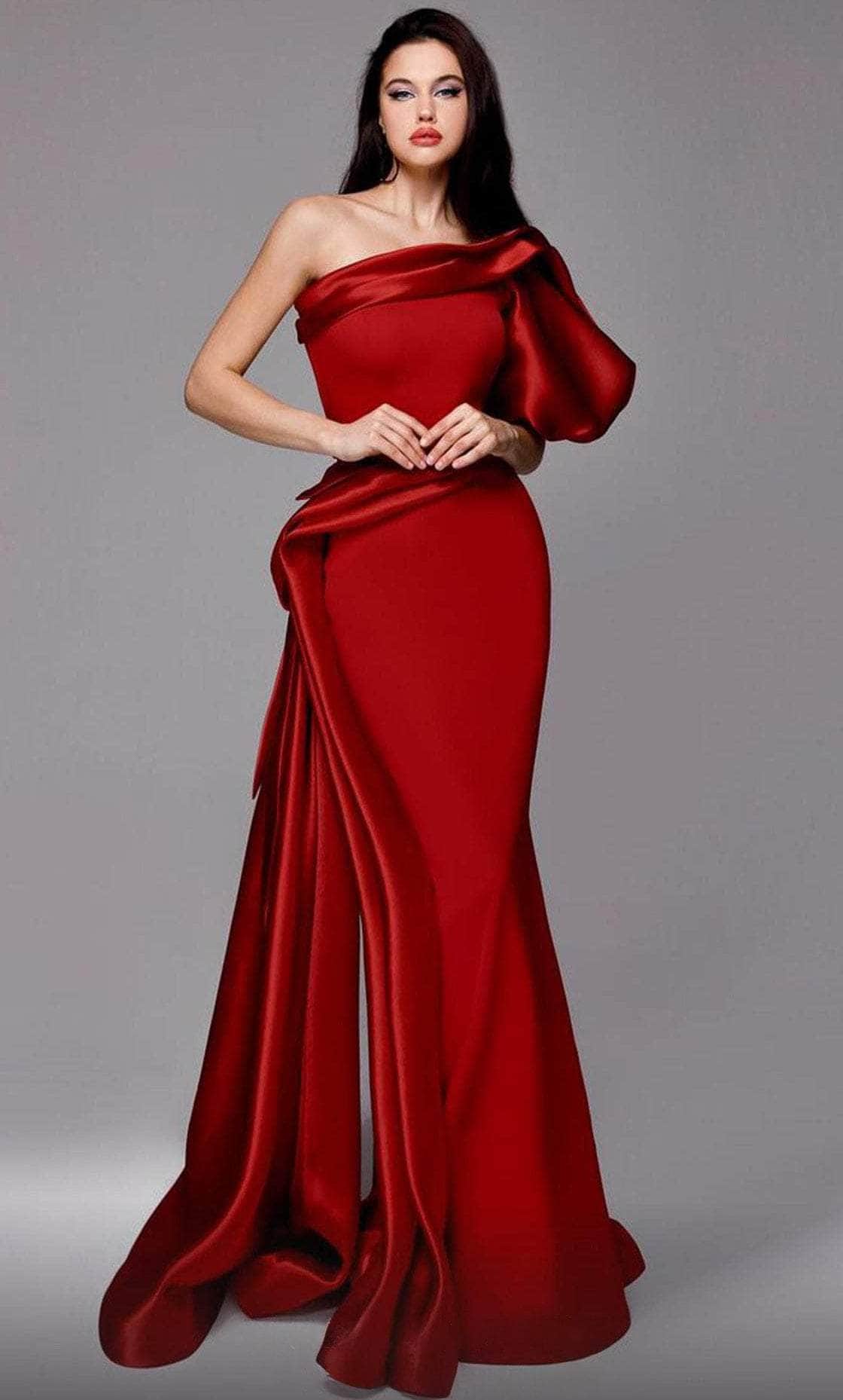 MNM Couture 2722 - Asymmetric Puff Sleeve Evening Dress - Image 9