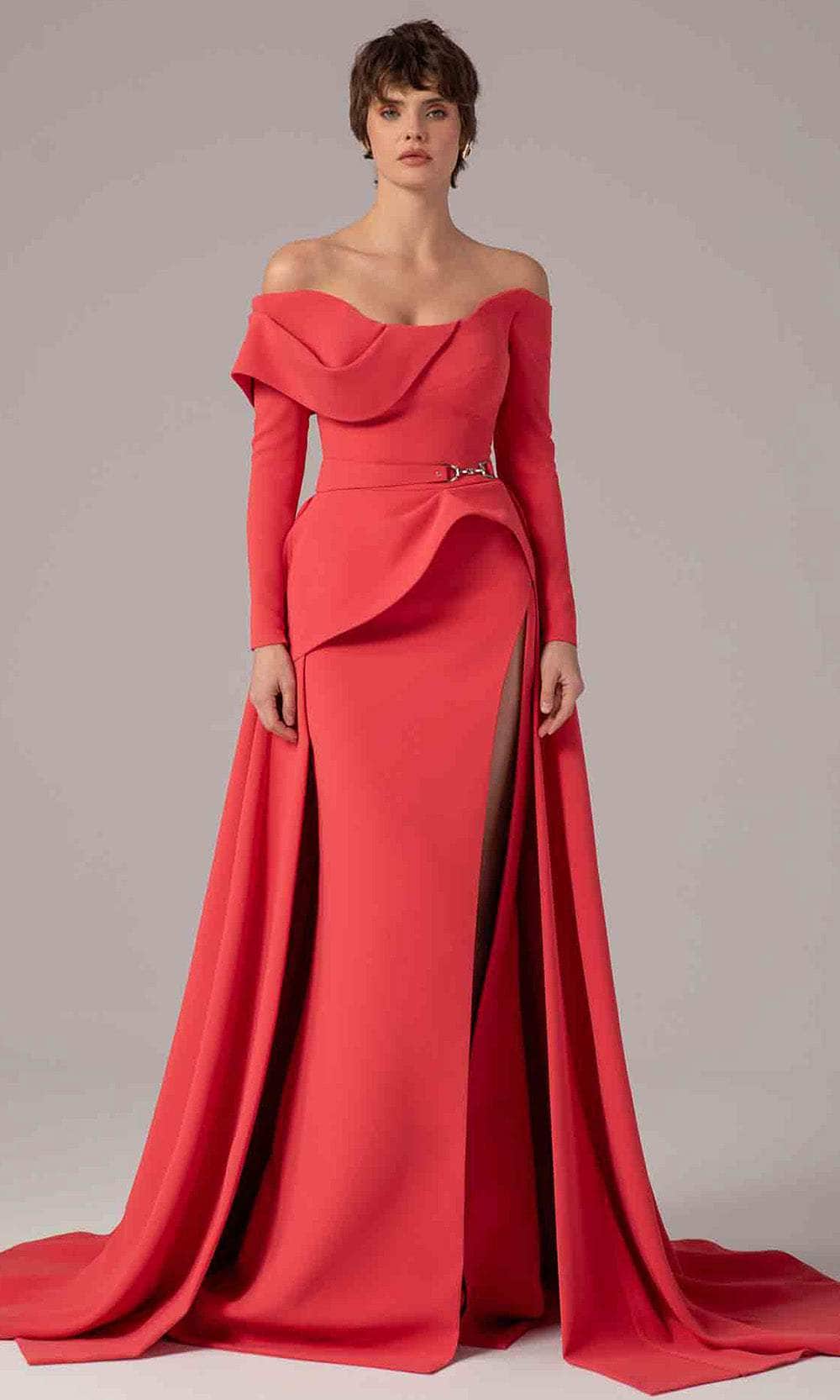 MNM Couture E0099 - Long Sleeve Overskirt Gown with Slit