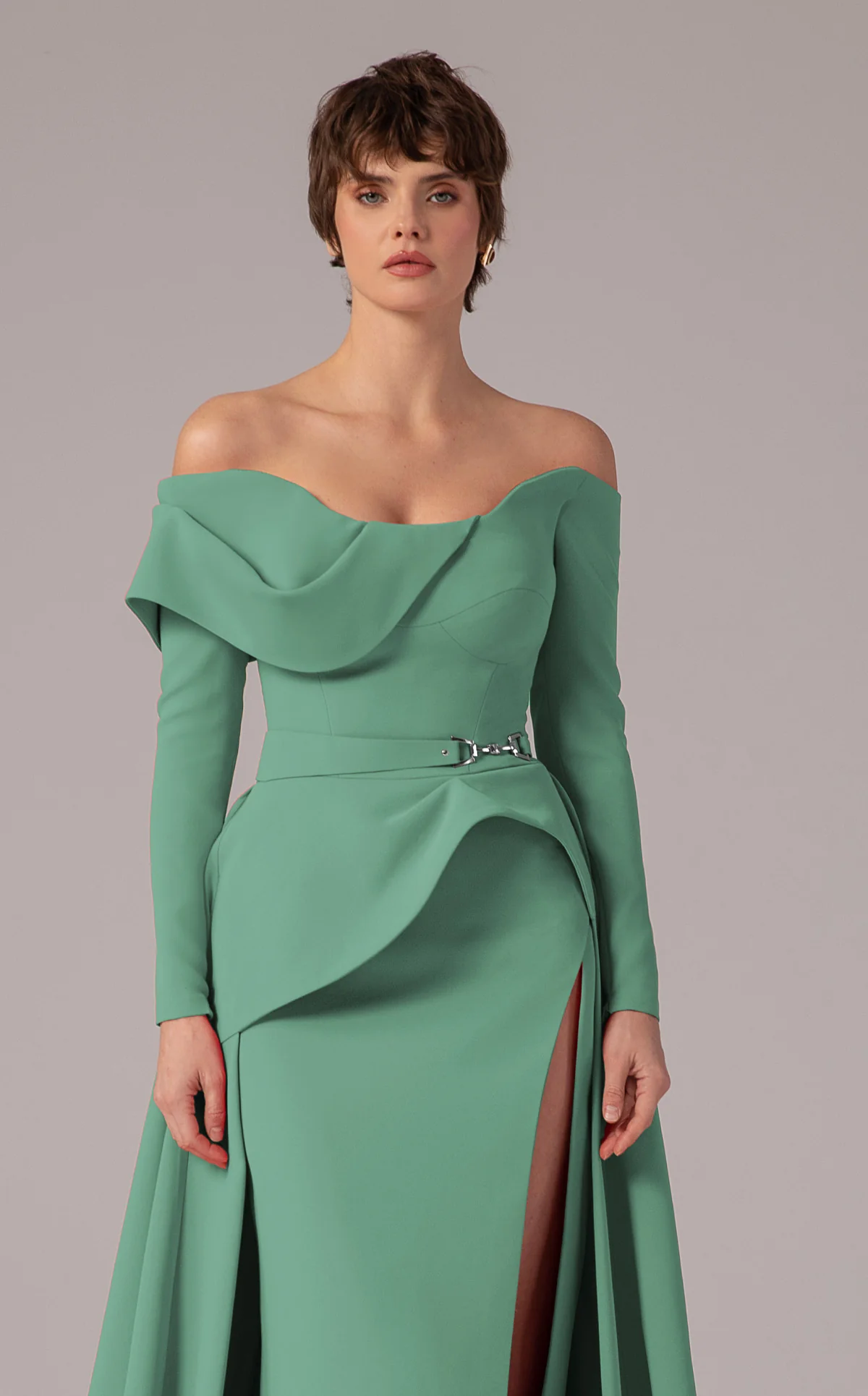 MNM Couture E0099 - Long Sleeve Overskirt Gown with Slit - Image 8