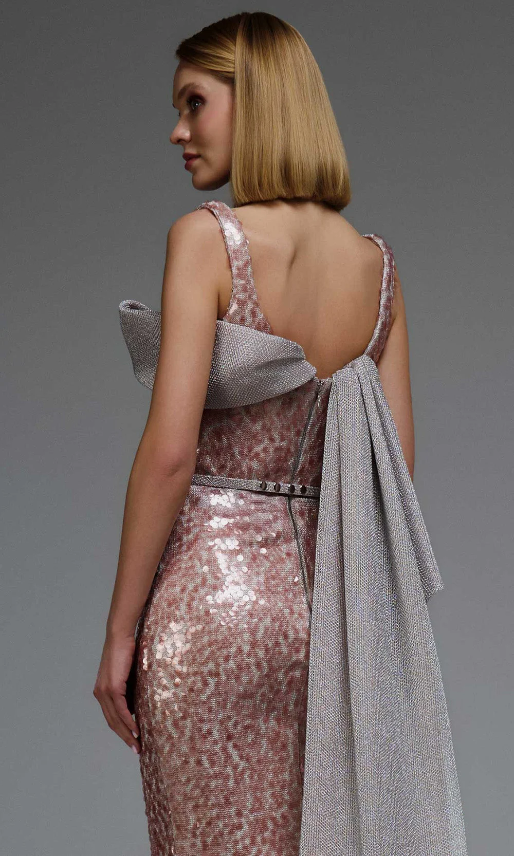 MNM COUTURE E0108 - Asymmetric Fitted Sequin Gown with Belt - Image 11