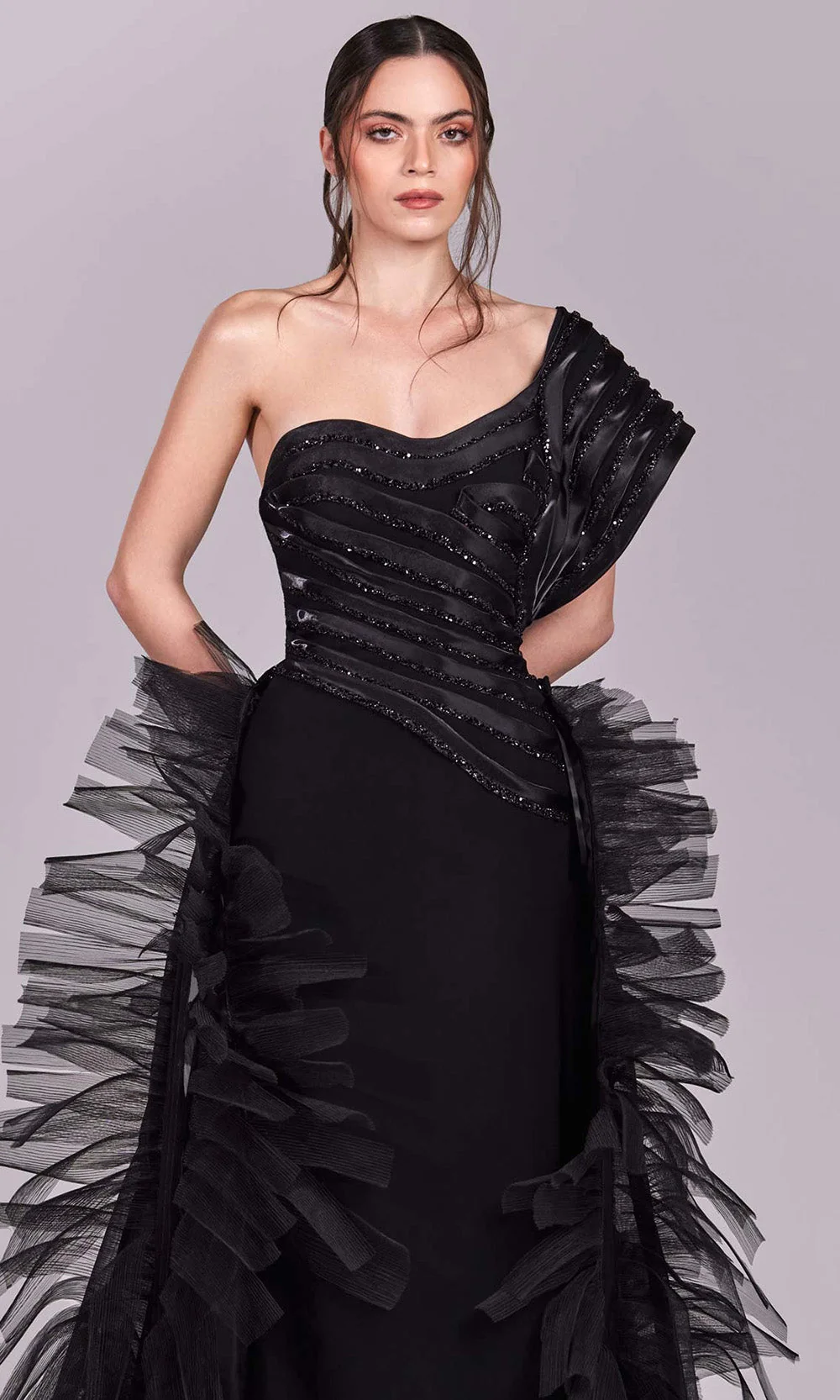MNM Couture G1812 - Pleated Organza Asymmetric Evening Gown - Image 6