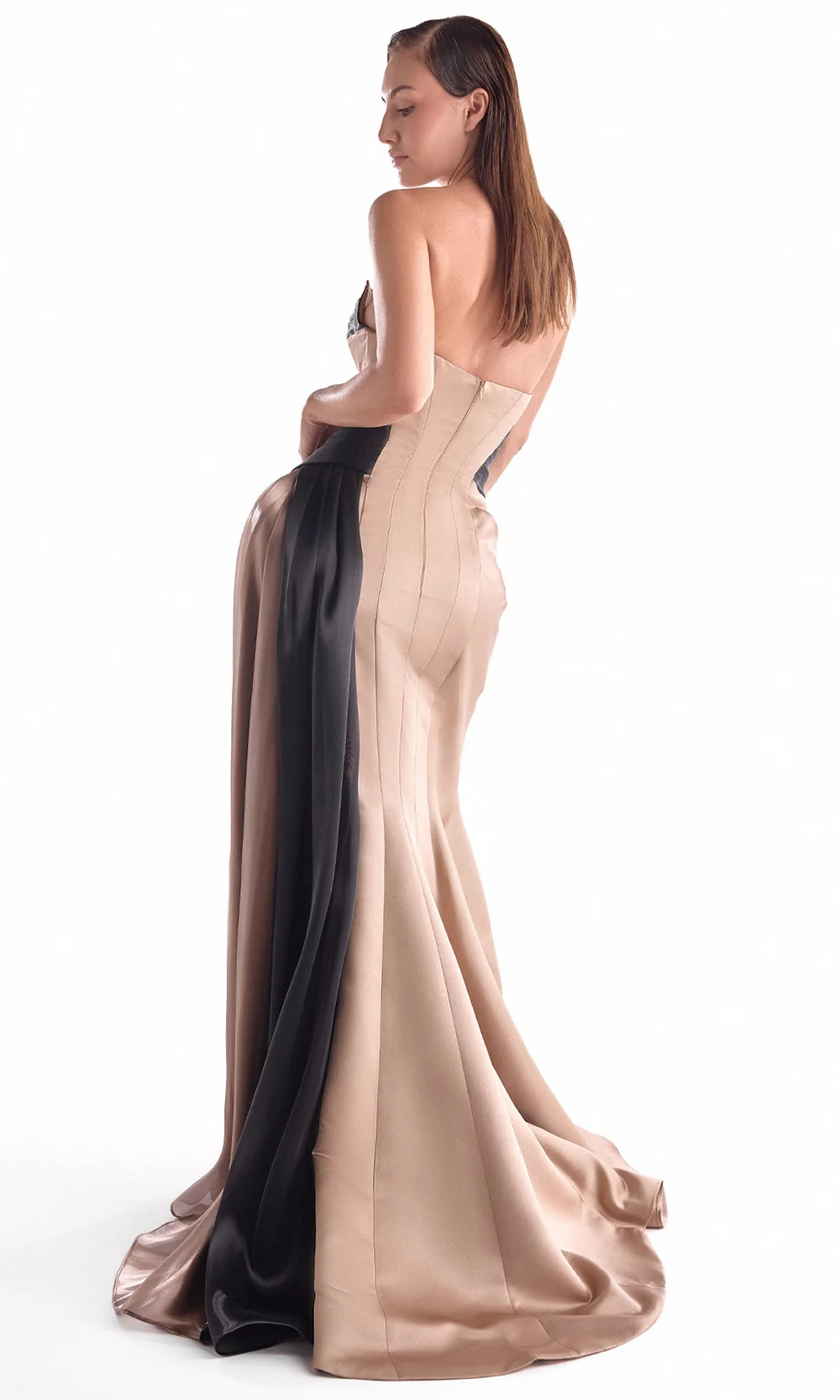 MNM COUTURE G2102 - Mermaid Skirt Draped Contrast Long Dress - Image 2