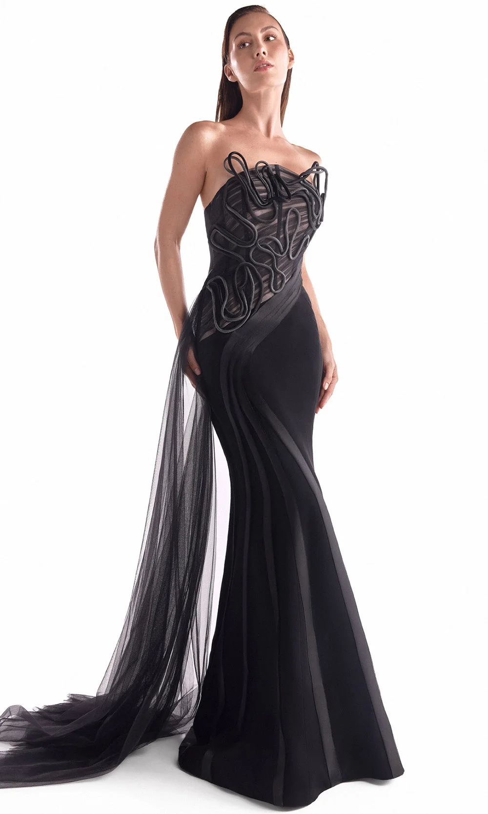 MNM COUTURE G2116 - Illusion Bodice Corded Sheath Gown - Image 3