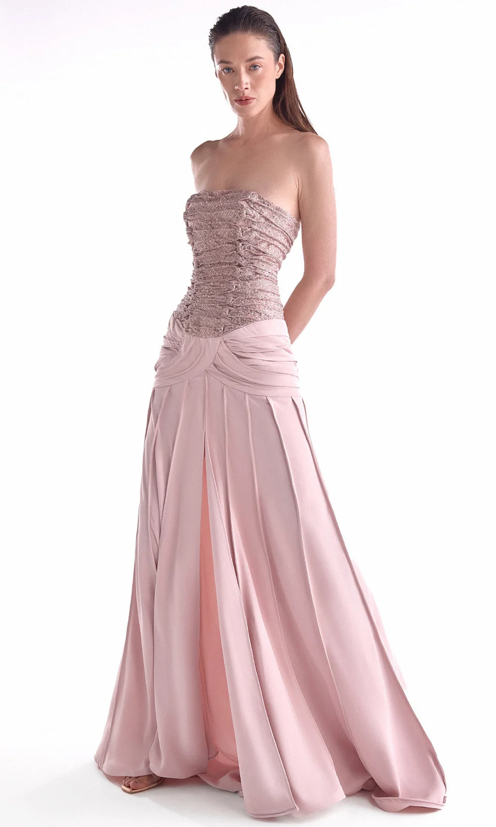 MNM COUTURE G2129 - Sequin Lace Straight Neckline Long Dress - Image 3
