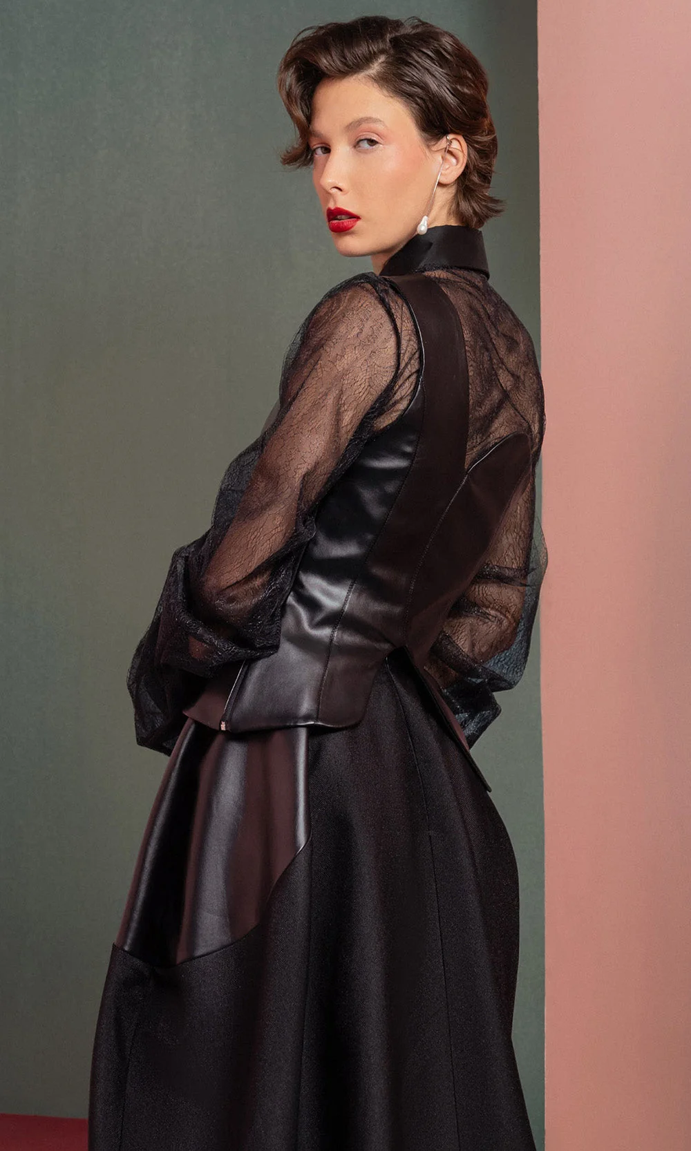 MNM COUTURE GOF2520 - High Neck Leather Top A-line Dress - Image 6