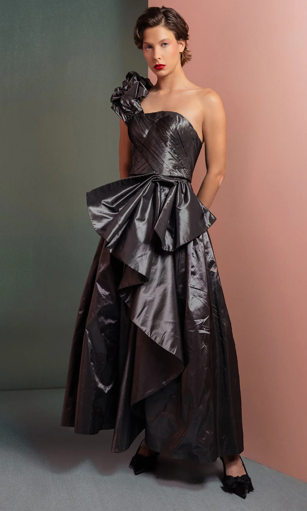 MNM COUTURE GOF2524 - One Shoulder Metallic Taffeta Midi Dress - Image 3