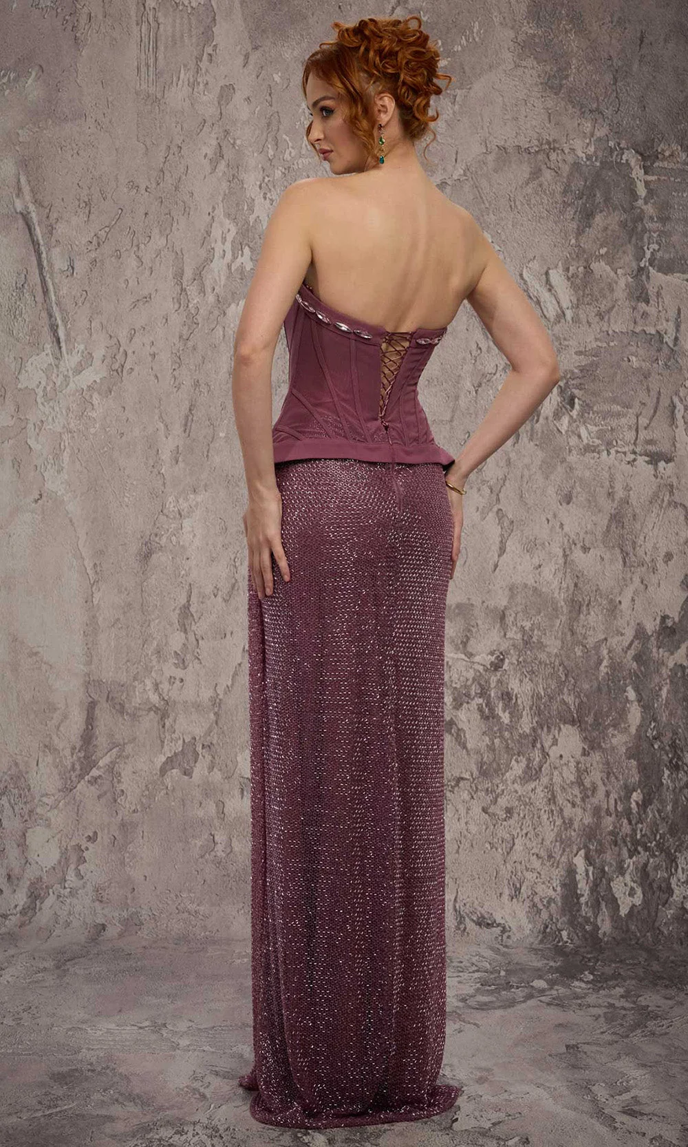 MNM COUTURE J03595 - Lace-Up Back Beaded Column Gown - Image 2