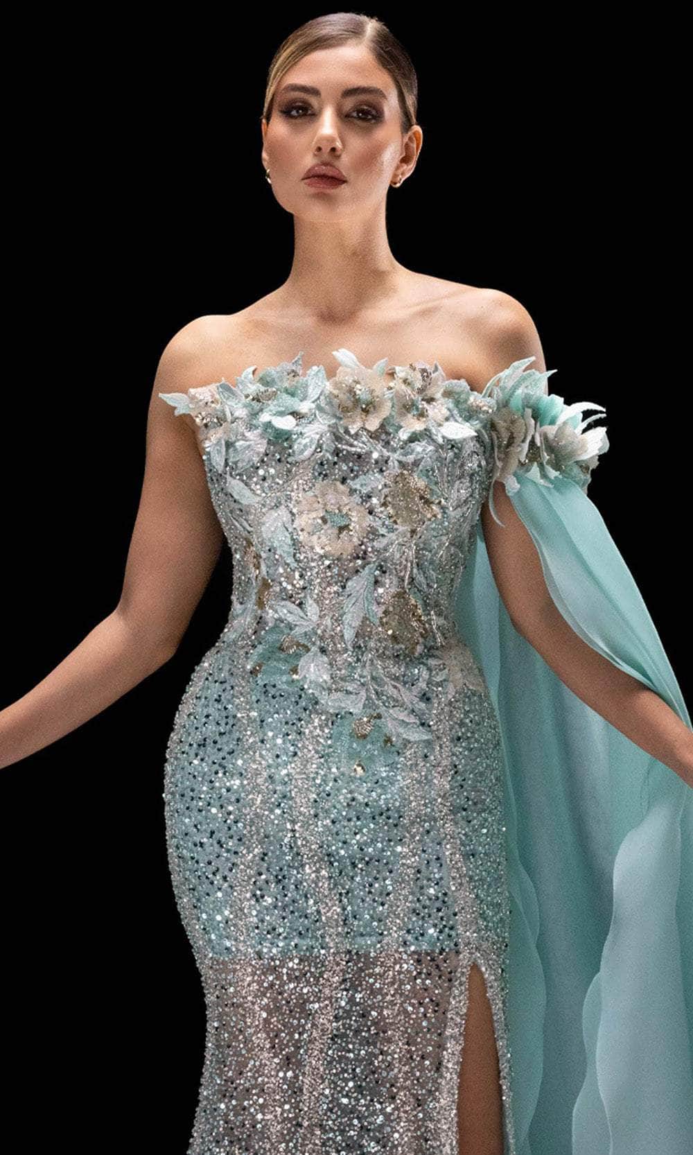 MNM Couture K4221 - Straight Neckline Applique Dress with Slit - Image 3