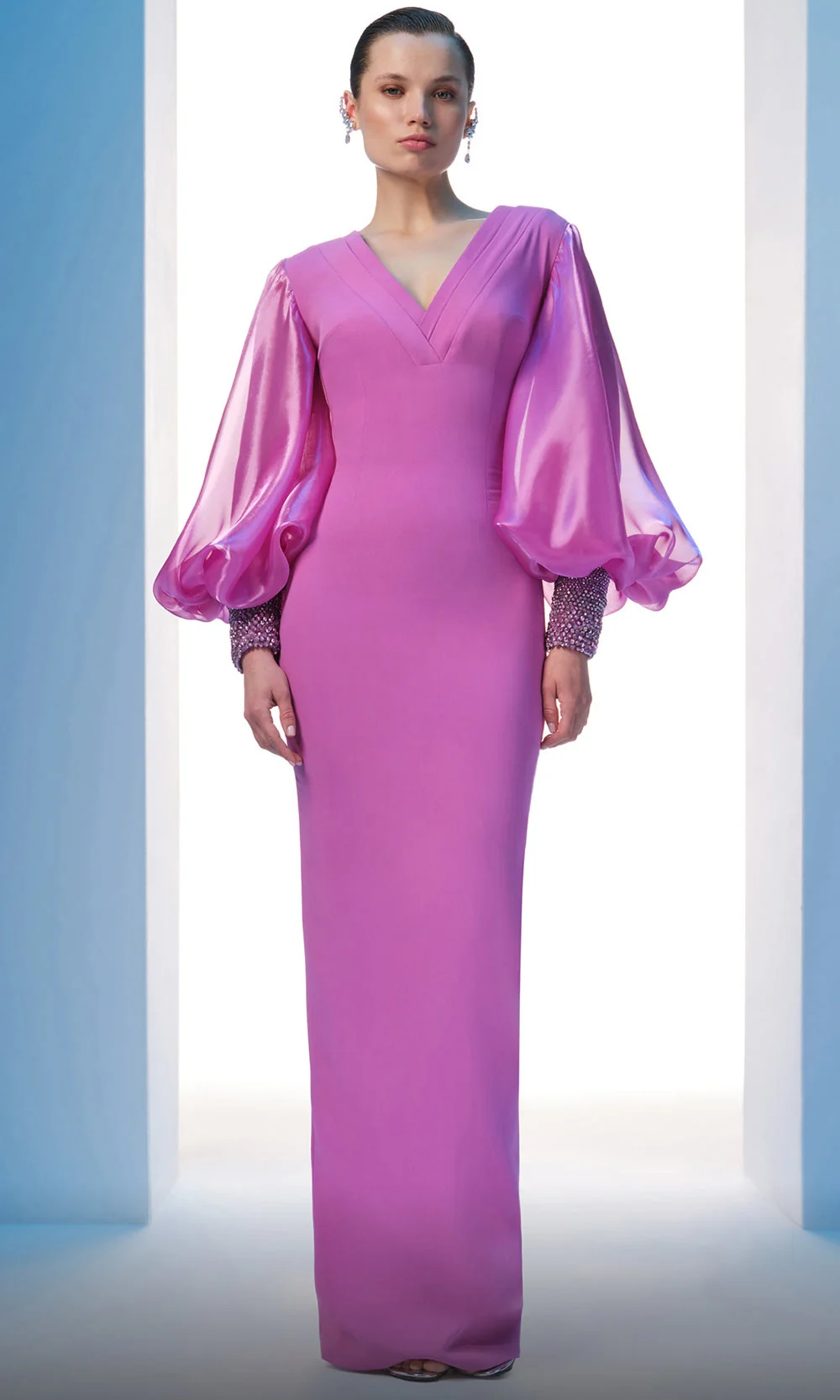 MNM Couture N0606 - Puff Sleeve Column Evening Gown - Image 3