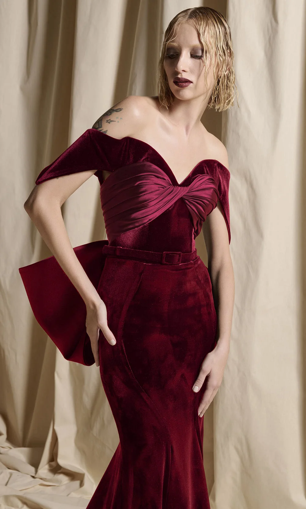 MNM COUTURE N0702 - Sculpted Off Shoulder Velvet Long Gown - Image 8