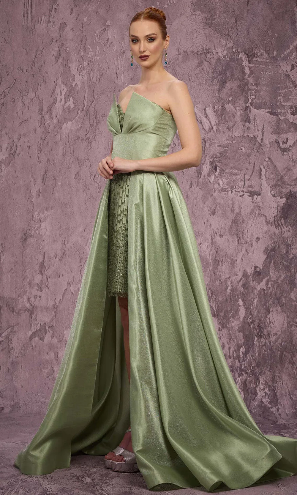 MNM COUTURE Q2024 - Pleated Overskirt Deep V-Panel Dress - Image 3