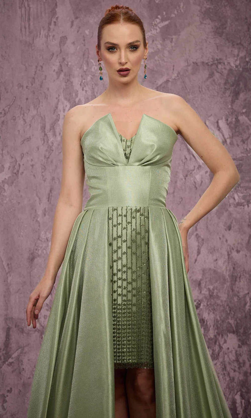 MNM COUTURE Q2024 - Pleated Overskirt Deep V-Panel Dress - Image 4