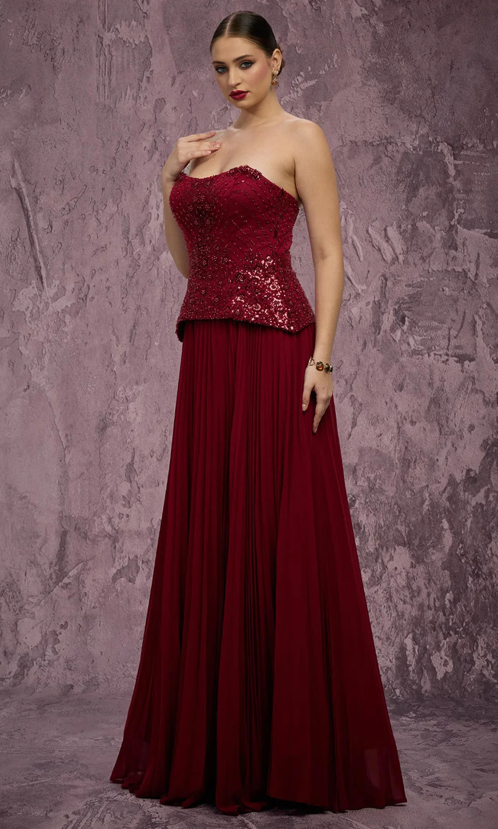 MNM COUTURE Q7788 - Semi-Sweetheart Embellished Peplum Long Dress - Image 3
