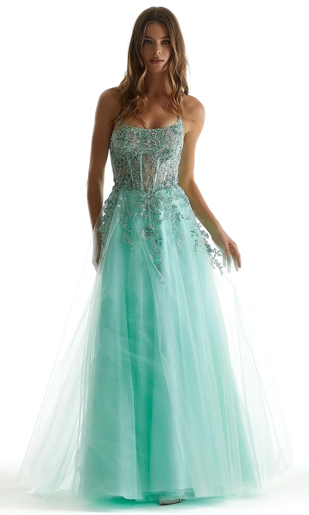 Mori Lee 49321 - Spaghetti Strap Sparkle Net A-Line Gown - Image 3