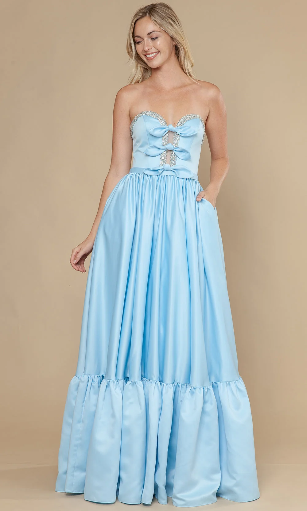 Poly USA 25040 - Bow Accent Strapless Dres with Ruffle Hem - Image 3