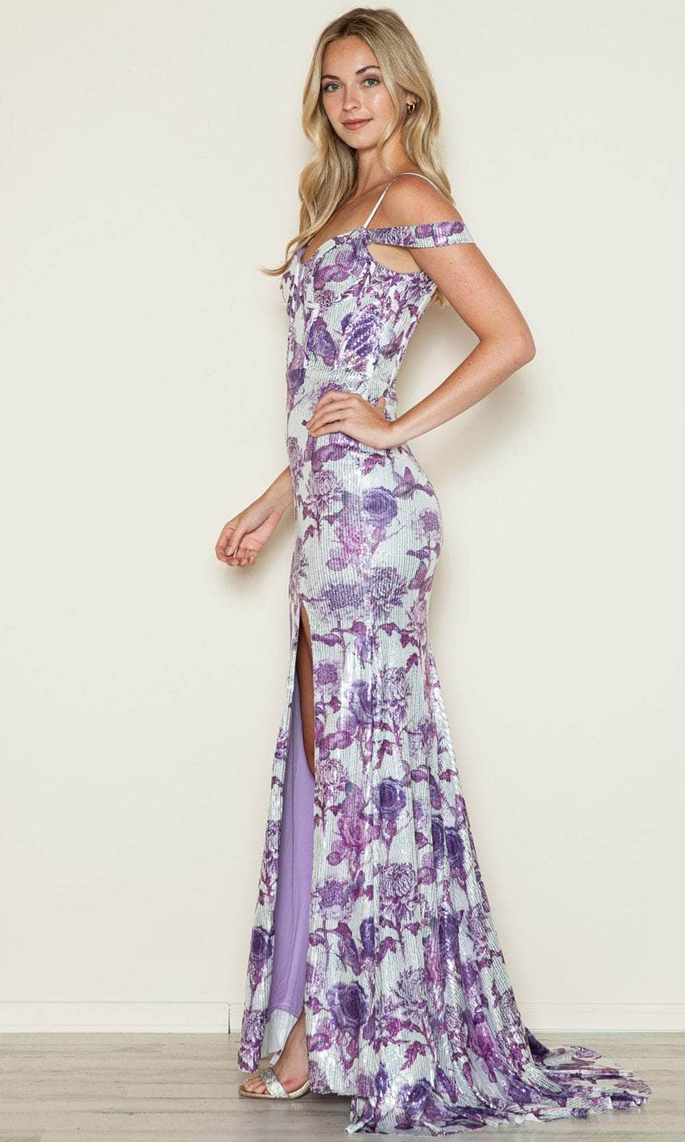 Poly USA 9444 - Floral Sequin Sheath Prom Dress - Image 5