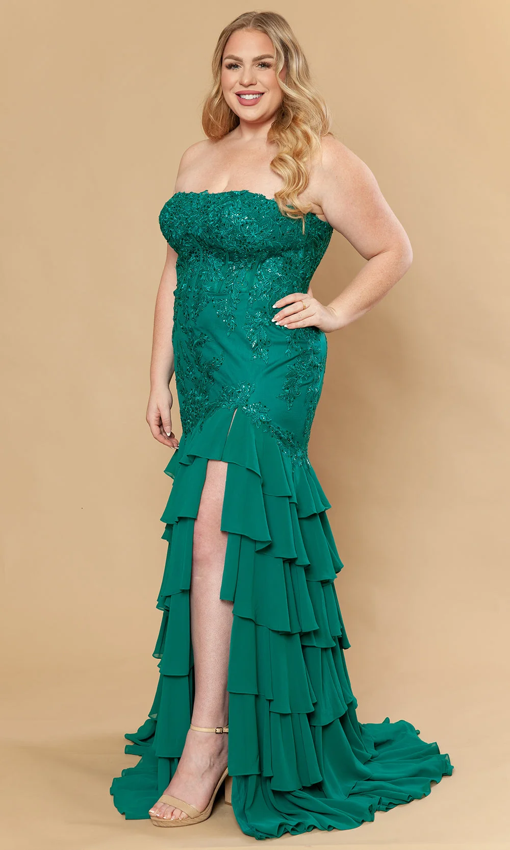 Poly USA W1230 - Straight Neckline Ruffle Gown with Embroidery - Image 6