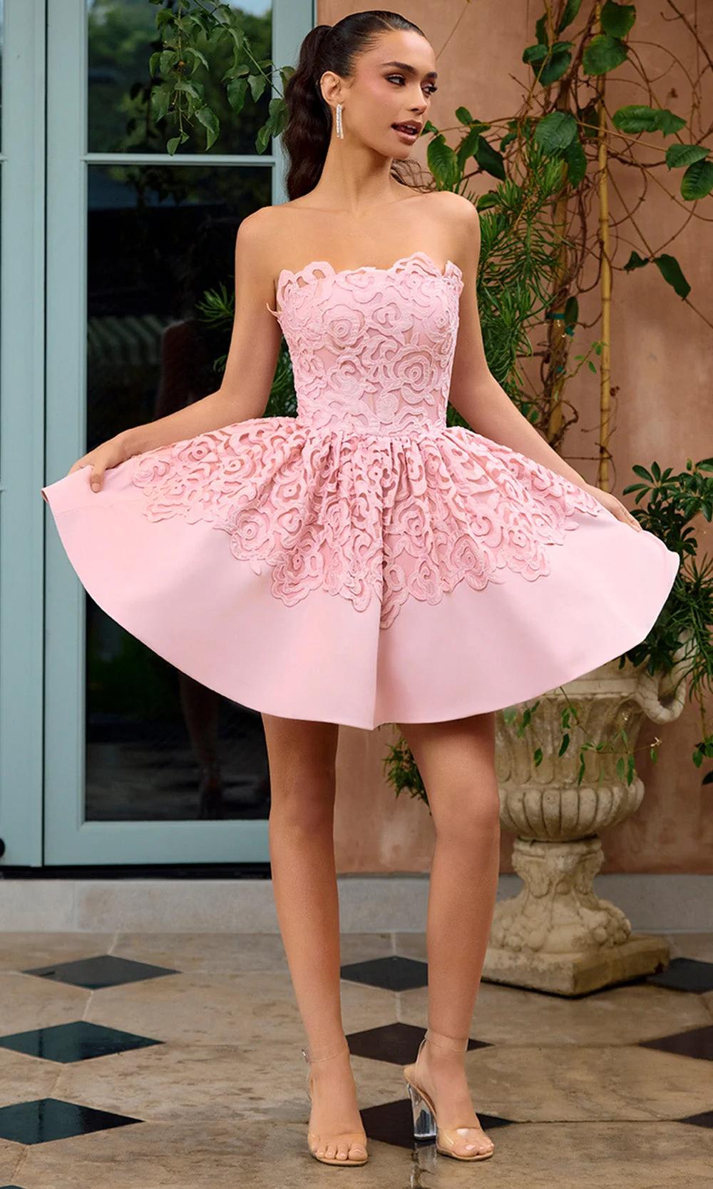 Portia and Scarlett PS26714 - Lace Applique Straight Neck Mini Dress