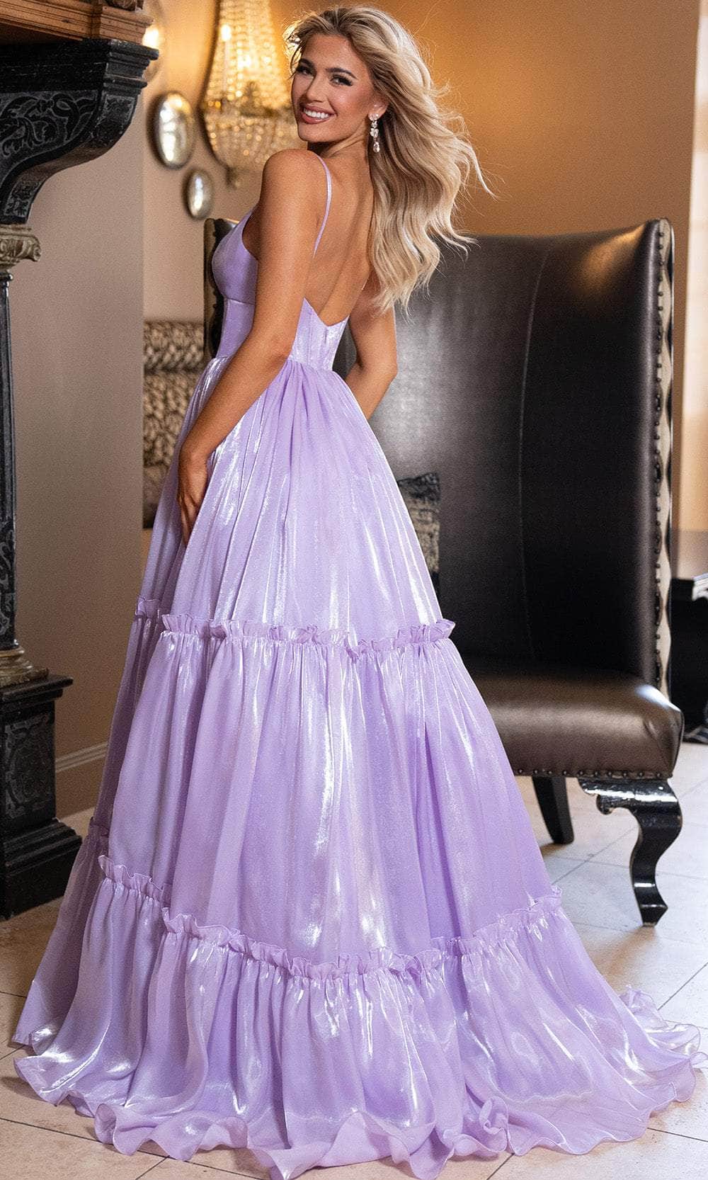 Rachel Allan 70748 - V-Neck Organza Ballgown with Corset Waist - Image 4
