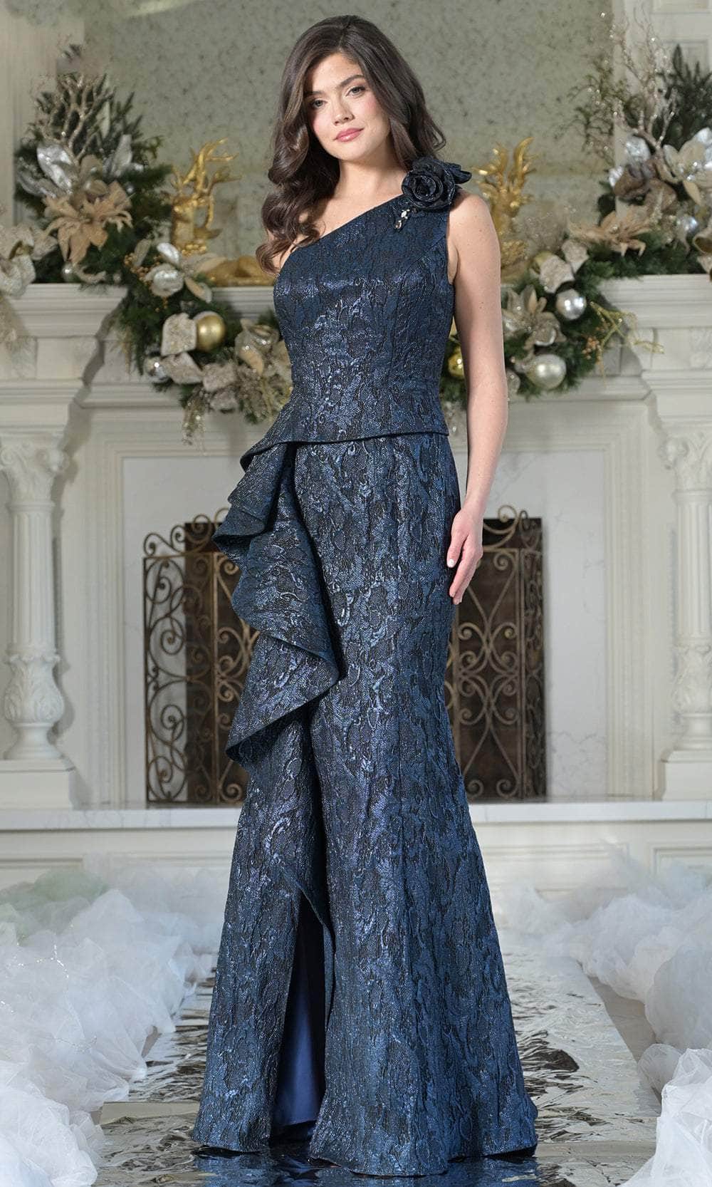 Rina Di Montella RD3231 - Rosette Accent Asymmetric Brocade Gown - Image 3